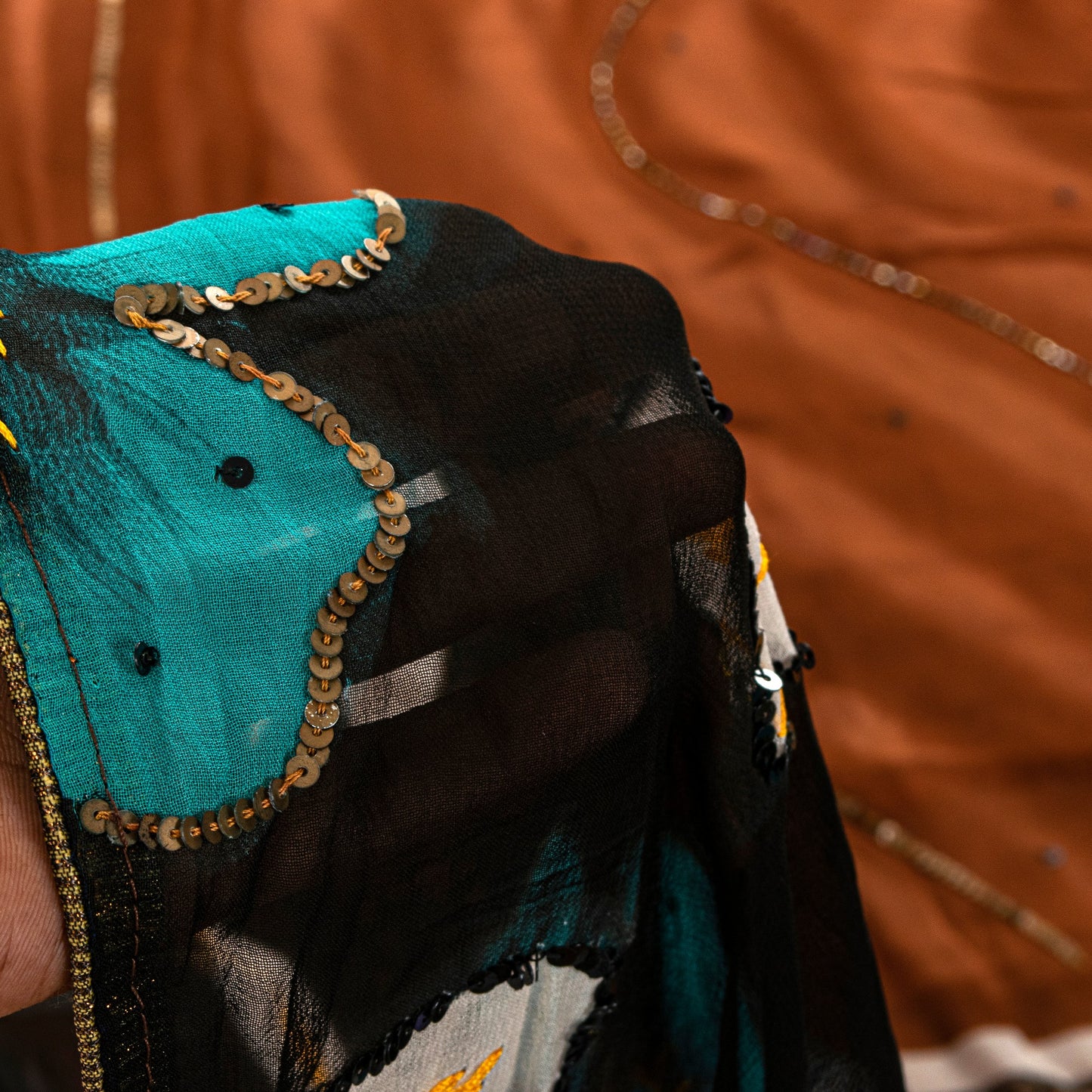 Sanskriti Vintage Brown Pure Georgette Silk Saree Hand Bead Print Sari 6YD Craft