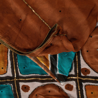 Sanskriti Vintage Brown Pure Georgette Silk Saree Hand Bead Print Sari 6YD Craft