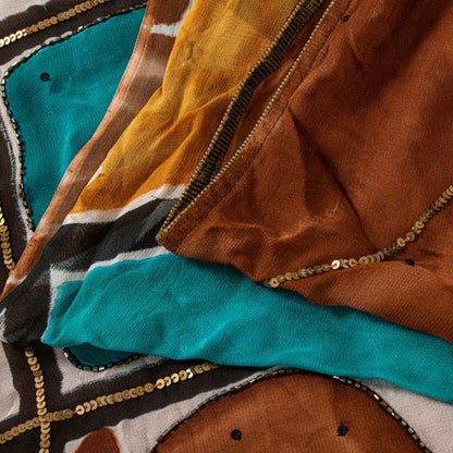 Sanskriti Vintage Brown Pure Georgette Silk Saree Hand Bead Print Sari 6YD Craft