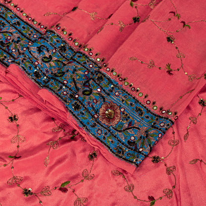 Sanskriti Vintage Pink Crepe Silk Saree Hand Embroidery Zari Beads Sari 5.5Craft