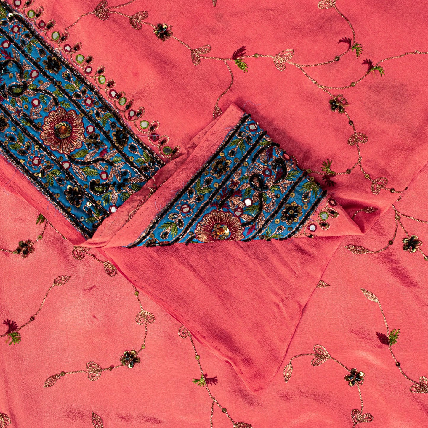 Sanskriti Vintage Pink Crepe Silk Saree Hand Embroidery Zari Beads Sari 5.5Craft