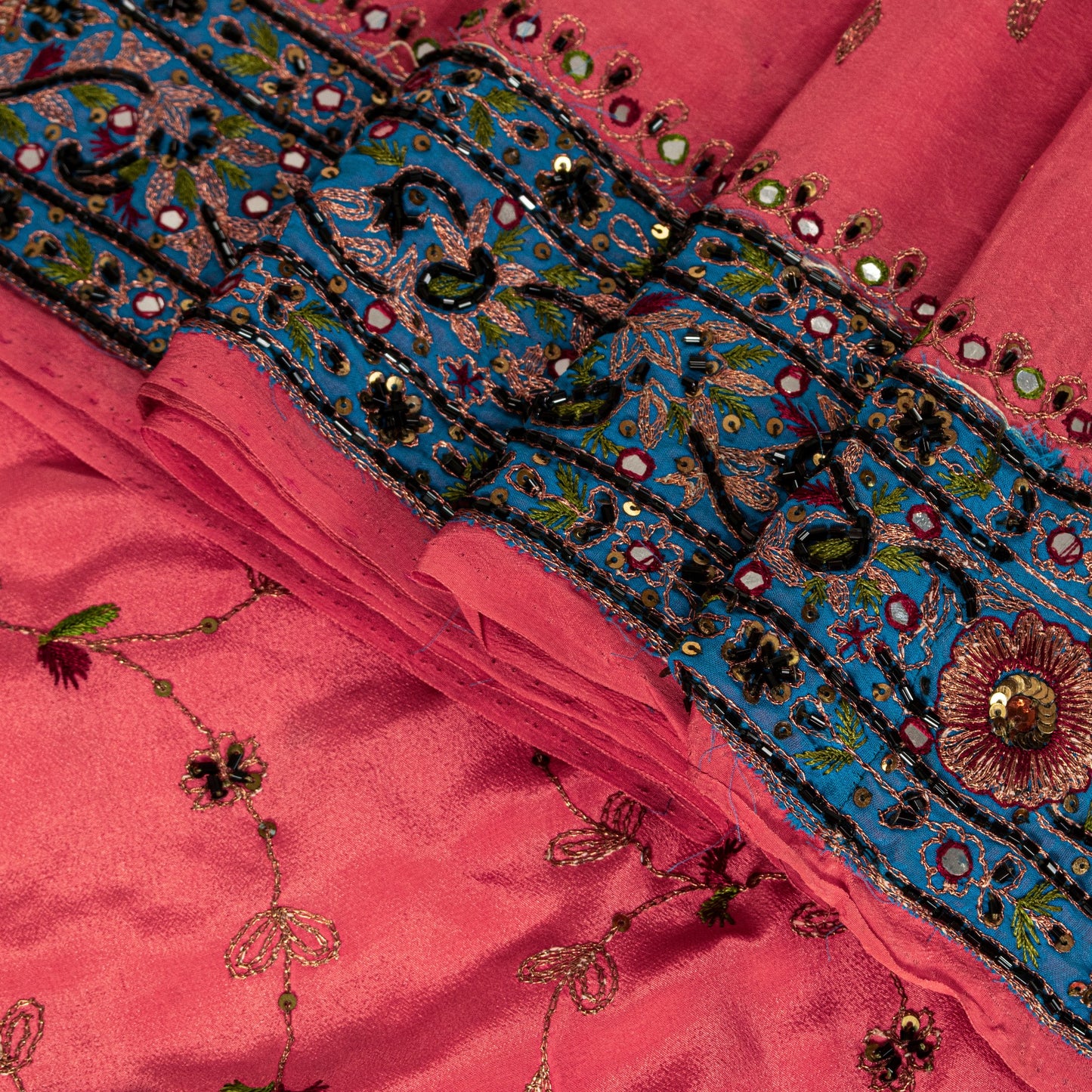 Sanskriti Vintage Pink Crepe Silk Saree Hand Embroidery Zari Beads Sari 5.5Craft