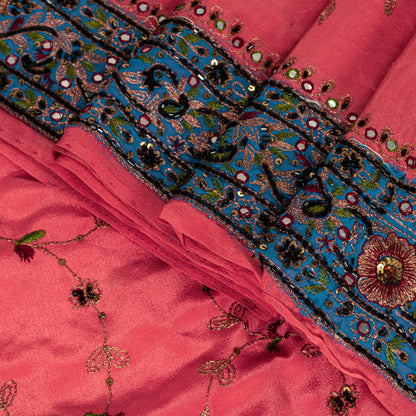 Sanskriti Vintage Pink Crepe Silk Saree Hand Embroidery Zari Beads Sari 5.5Craft