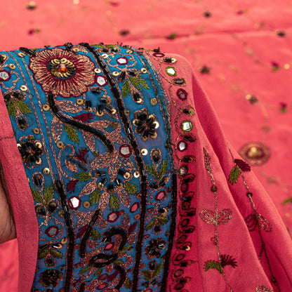 Sanskriti Vintage Pink Crepe Silk Saree Hand Embroidery Zari Beads Sari 5.5Craft