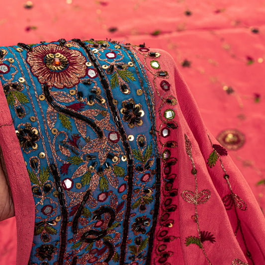 Sanskriti Vintage Pink Crepe Silk Saree Hand Embroidery Zari Beads Sari 5.5Craft