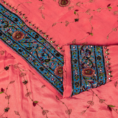 Sanskriti Vintage Pink Crepe Silk Saree Hand Embroidery Zari Beads Sari 5.5Craft