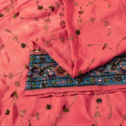 Sanskriti Vintage Pink Crepe Silk Saree Hand Embroidery Zari Beads Sari 5.5Craft
