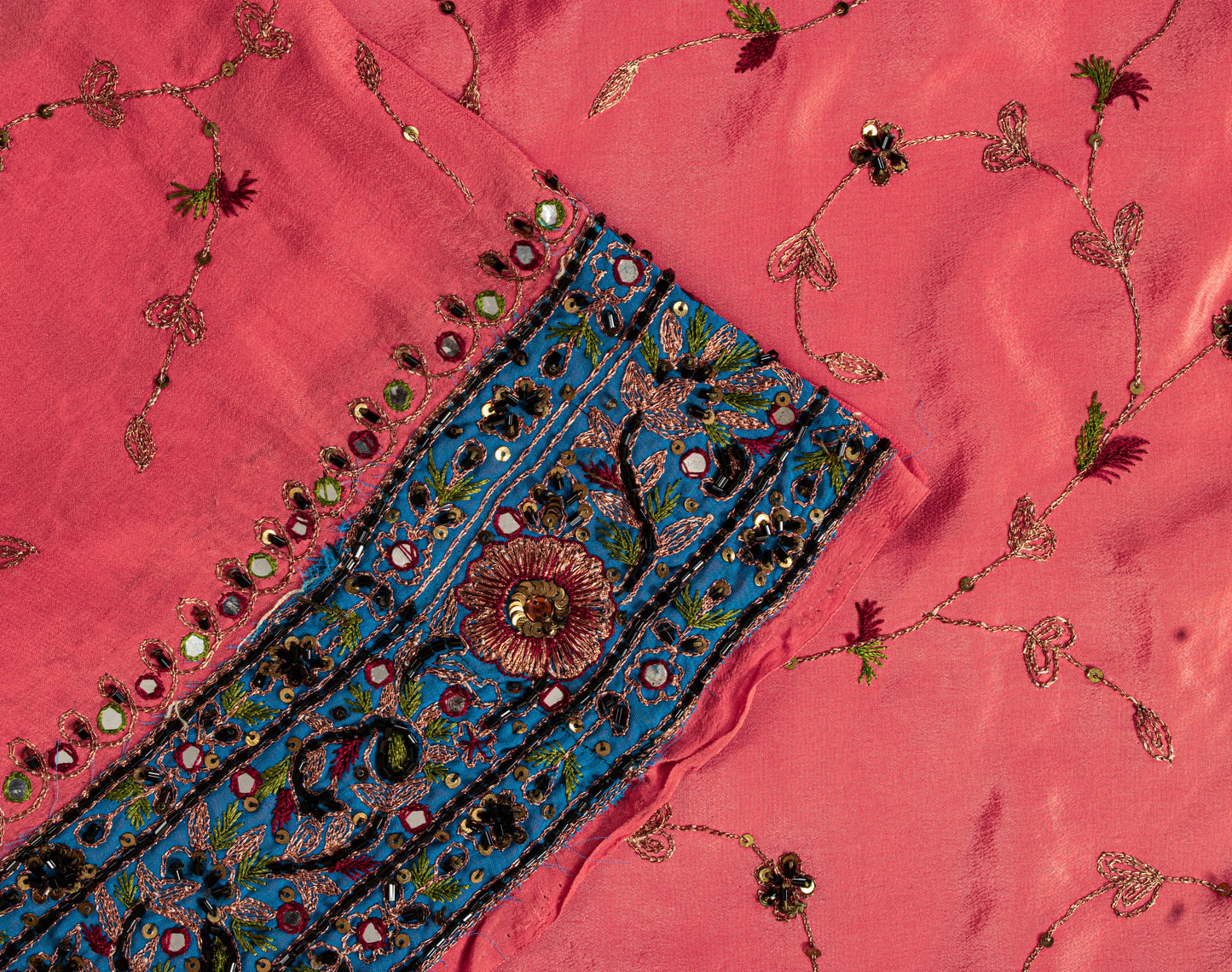 Sanskriti Vintage Pink Crepe Silk Saree Hand Embroidery Zari Beads Sari 5.5Craft