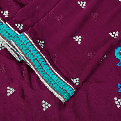 Sanskriti Vintage Purple Pure Georgette Saree Hand Embroidered Sari 6 Yard Craft