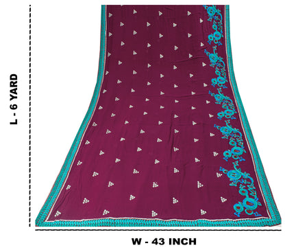 Sanskriti Vintage Purple Pure Georgette Saree Hand Embroidered Sari 6 Yard Craft