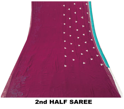 Sanskriti Vintage Purple Pure Georgette Saree Hand Embroidered Sari 6 Yard Craft