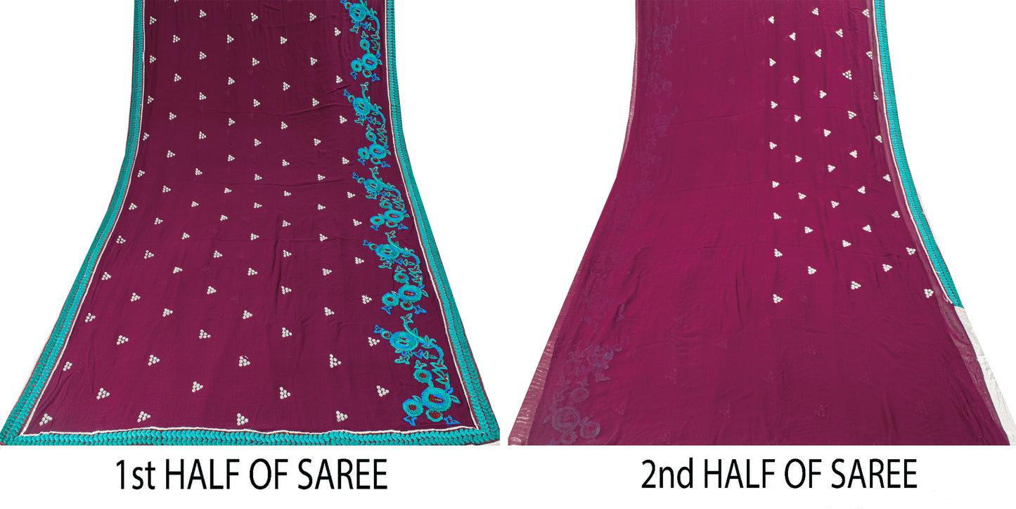 Sanskriti Vintage Purple Pure Georgette Saree Hand Embroidered Sari 6 Yard Craft