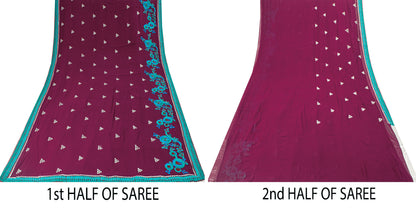 Sanskriti Vintage Purple Pure Georgette Saree Hand Embroidered Sari 6 Yard Craft