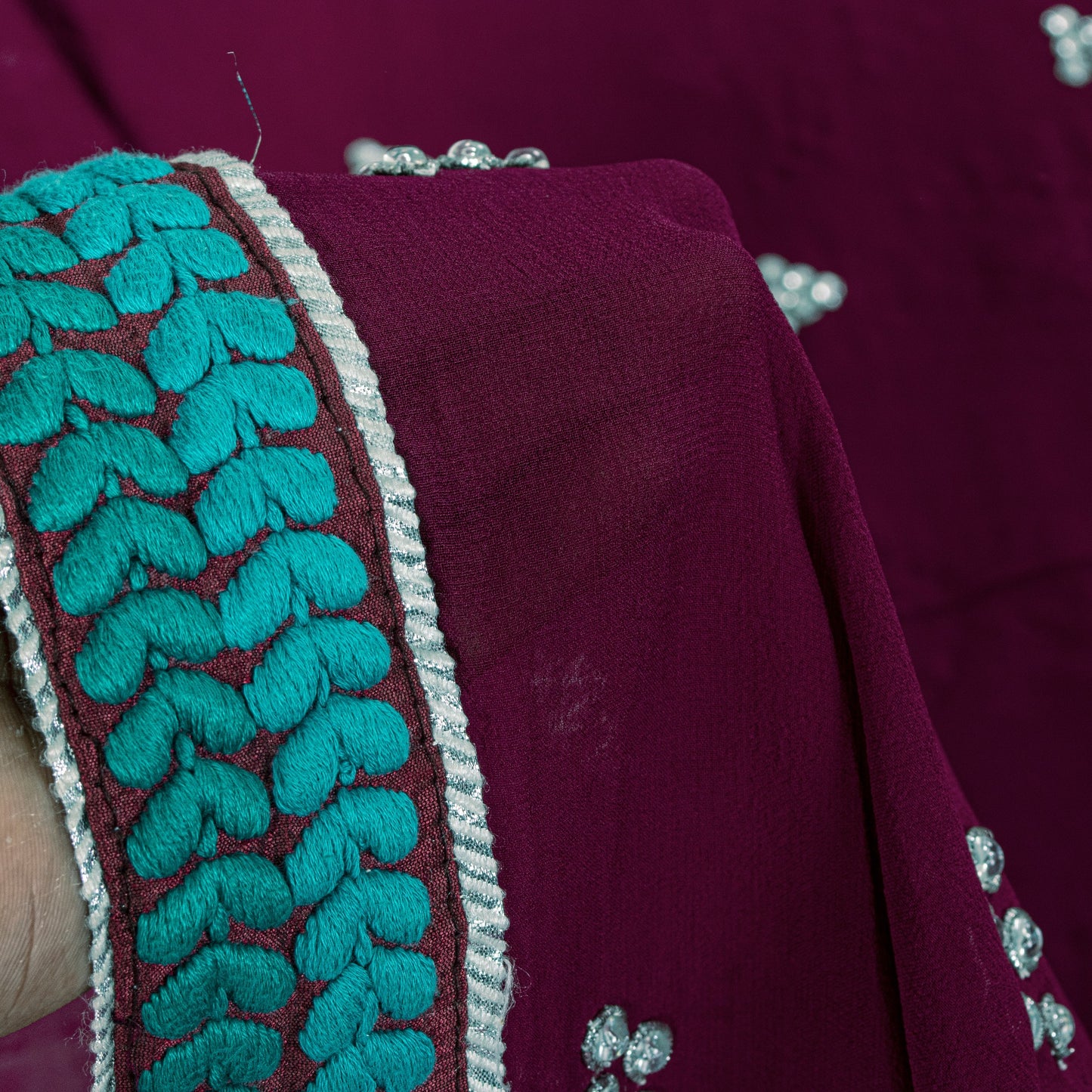 Sanskriti Vintage Purple Pure Georgette Saree Hand Embroidered Sari 6 Yard Craft