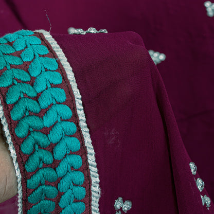 Sanskriti Vintage Purple Pure Georgette Saree Hand Embroidered Sari 6 Yard Craft