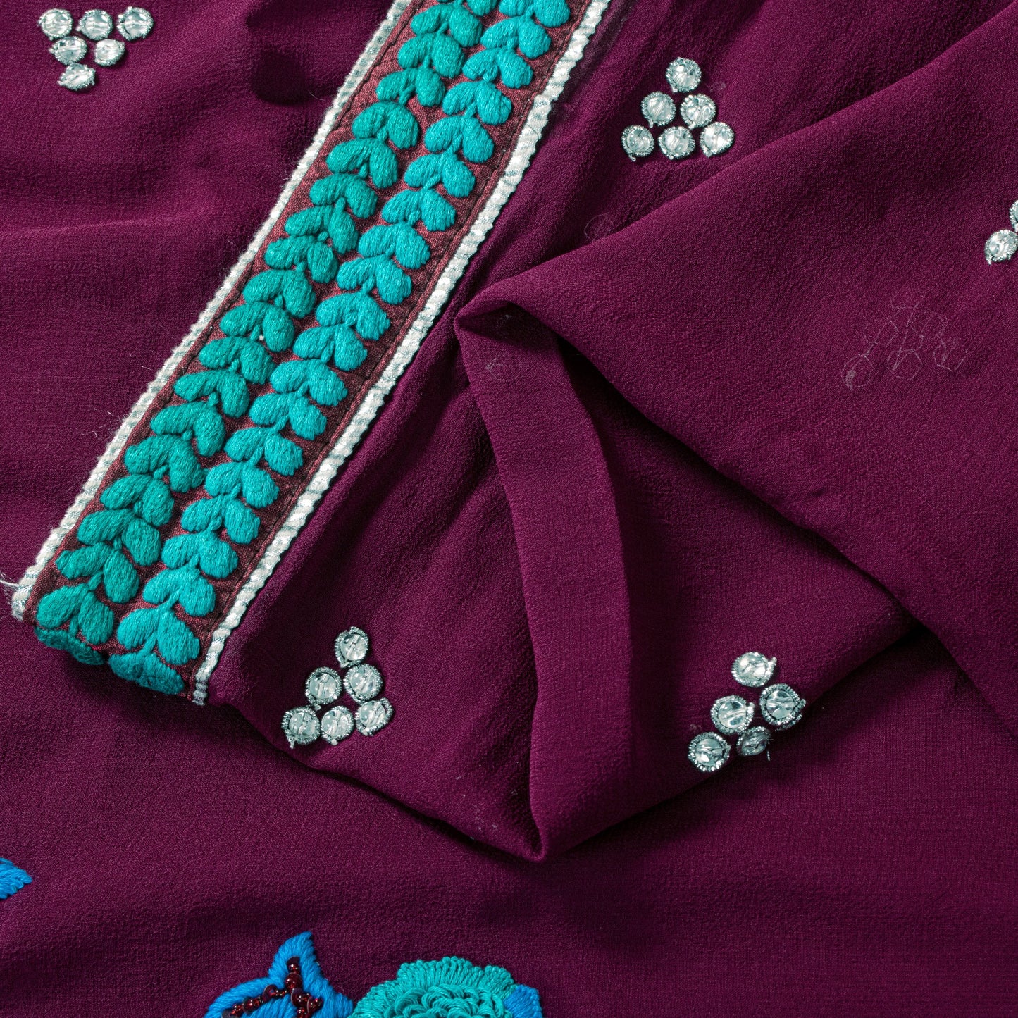 Sanskriti Vintage Purple Pure Georgette Saree Hand Embroidered Sari 6 Yard Craft