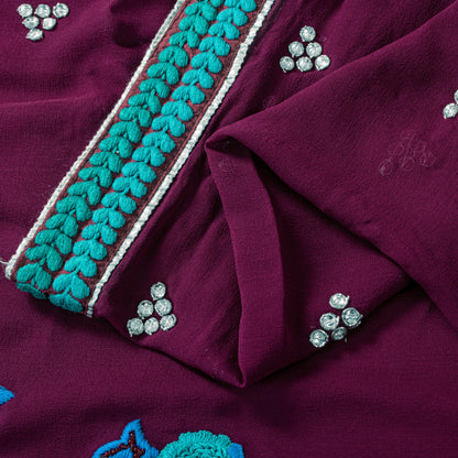 Sanskriti Vintage Purple Pure Georgette Saree Hand Embroidered Sari 6 Yard Craft