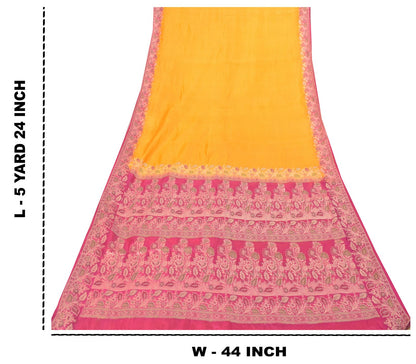 Sanskriti Vintage Soft Yellow-Pink Pure Silk Saree Brocade Woven Sari 5.5 Craft