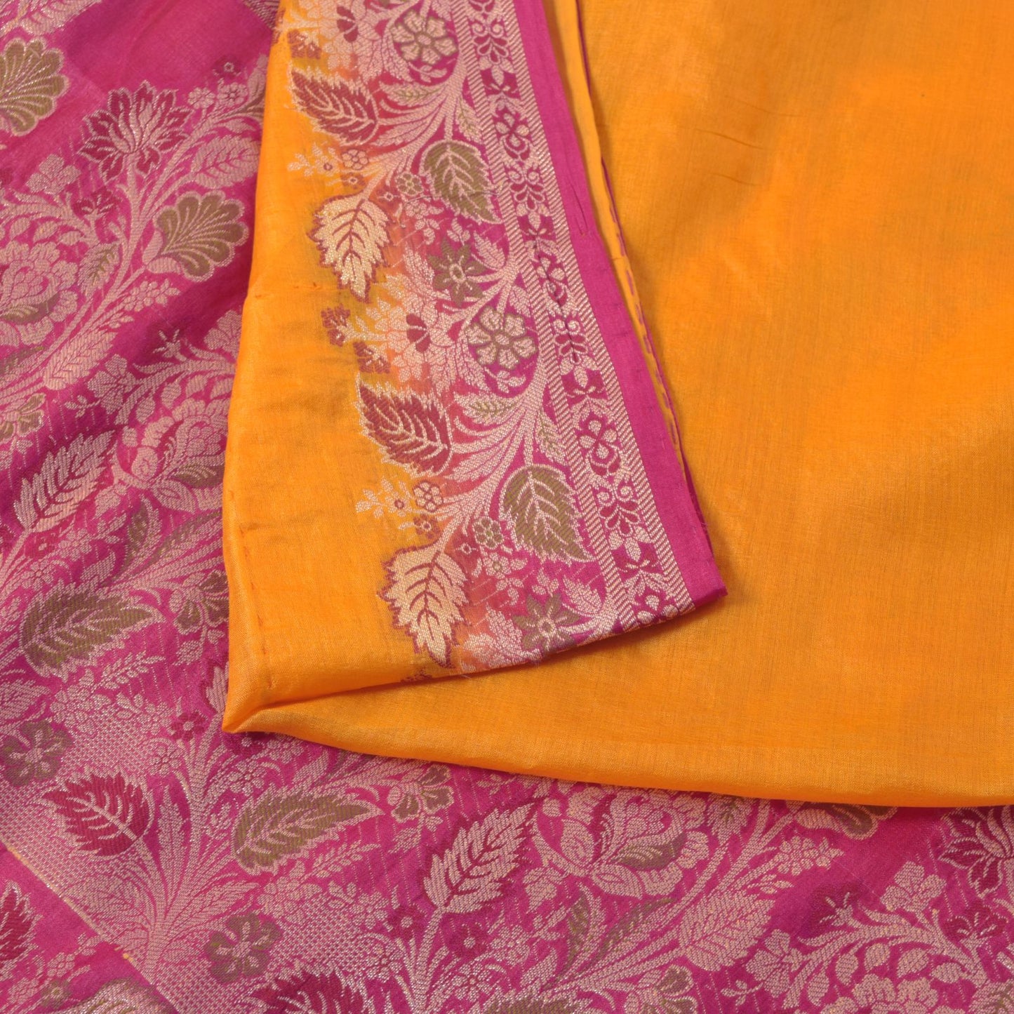 Sanskriti Vintage Soft Yellow-Pink Pure Silk Saree Brocade Woven Sari 5.5 Craft