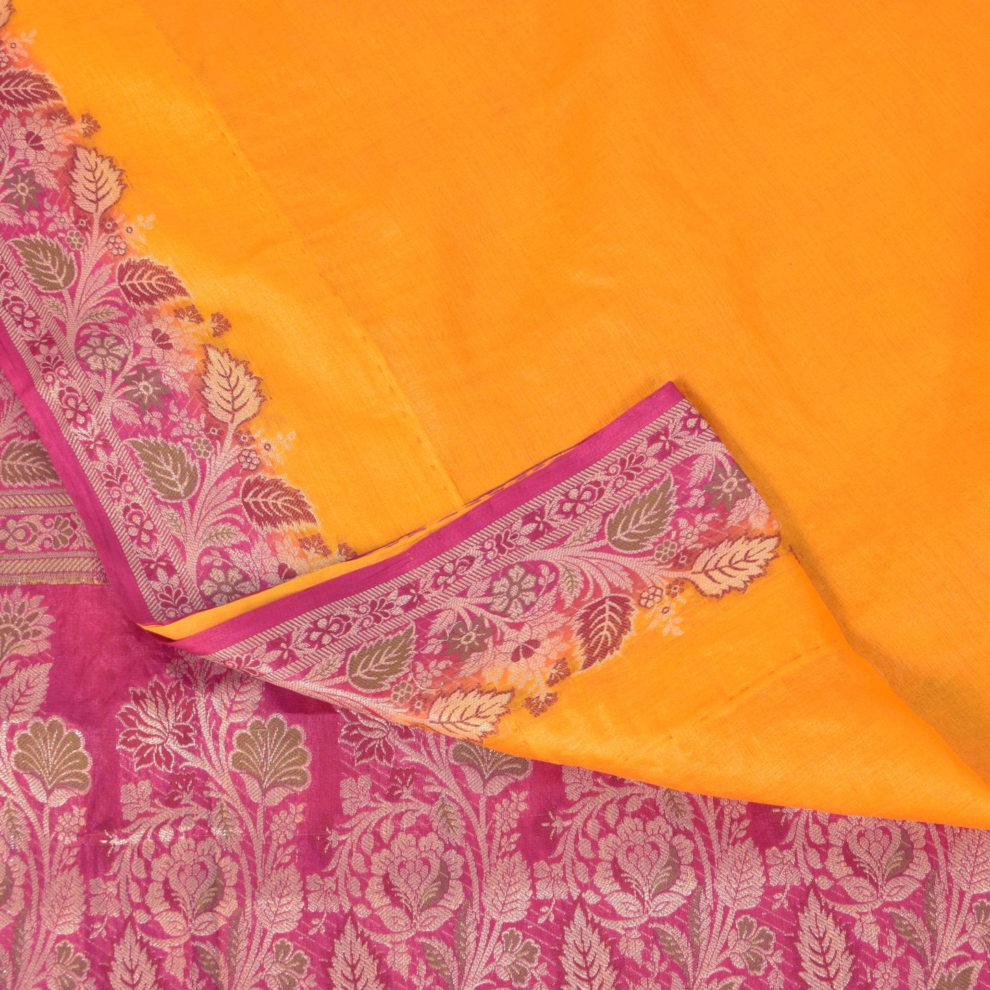 Sanskriti Vintage Soft Yellow-Pink Pure Silk Saree Brocade Woven Sari 5.5 Craft