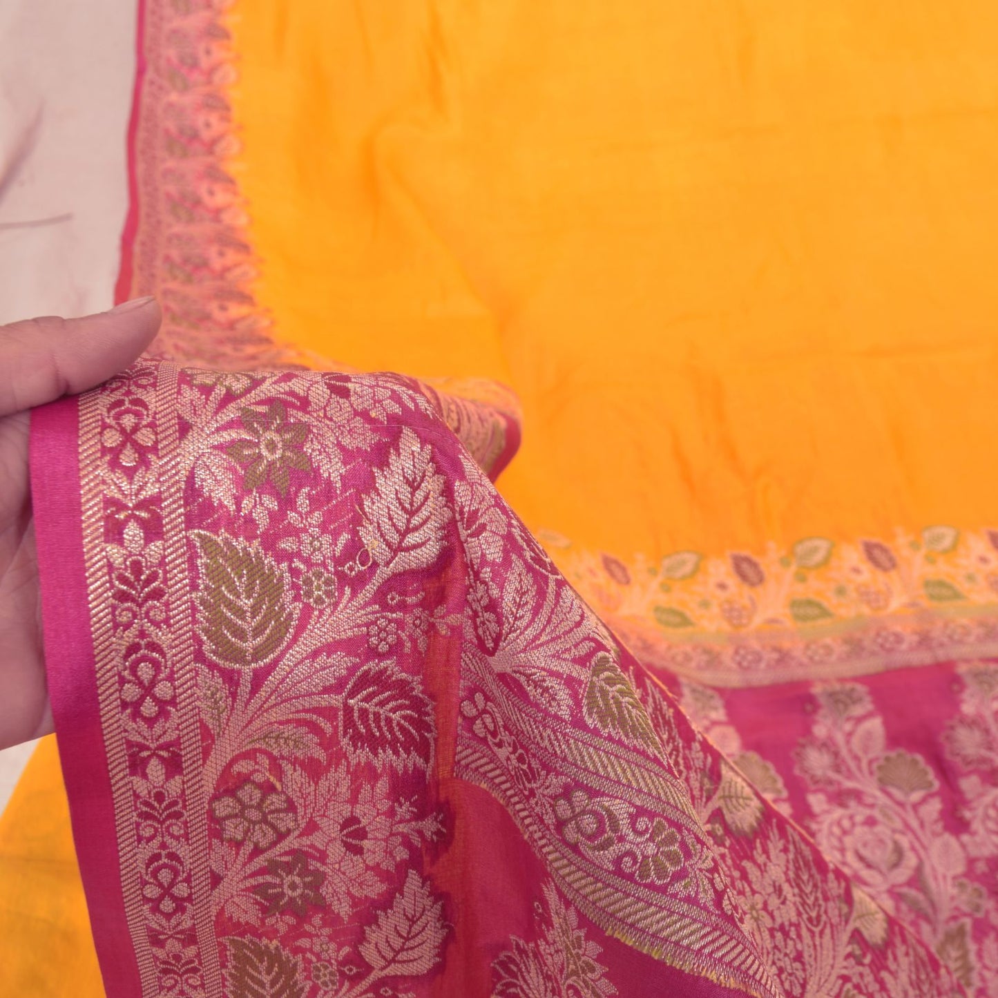 Sanskriti Vintage Soft Yellow-Pink Pure Silk Saree Brocade Woven Sari 5.5 Craft