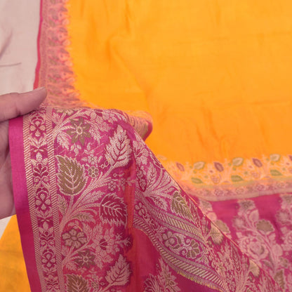 Sanskriti Vintage Soft Yellow-Pink Pure Silk Saree Brocade Woven Sari 5.5 Craft