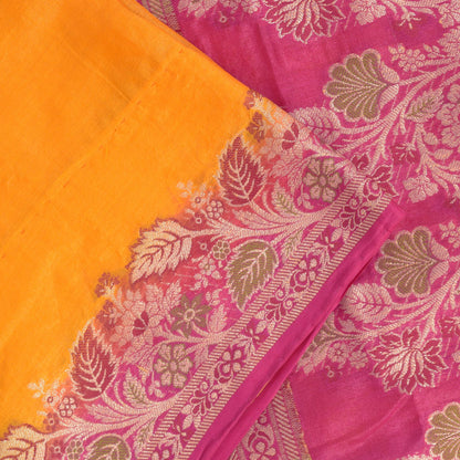 Sanskriti Vintage Soft Yellow-Pink Pure Silk Saree Brocade Woven Sari 5.5 Craft