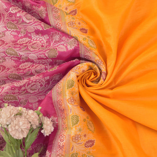 Sanskriti Vintage Soft Yellow-Pink Pure Silk Saree Brocade Woven Sari 5.5 Craft