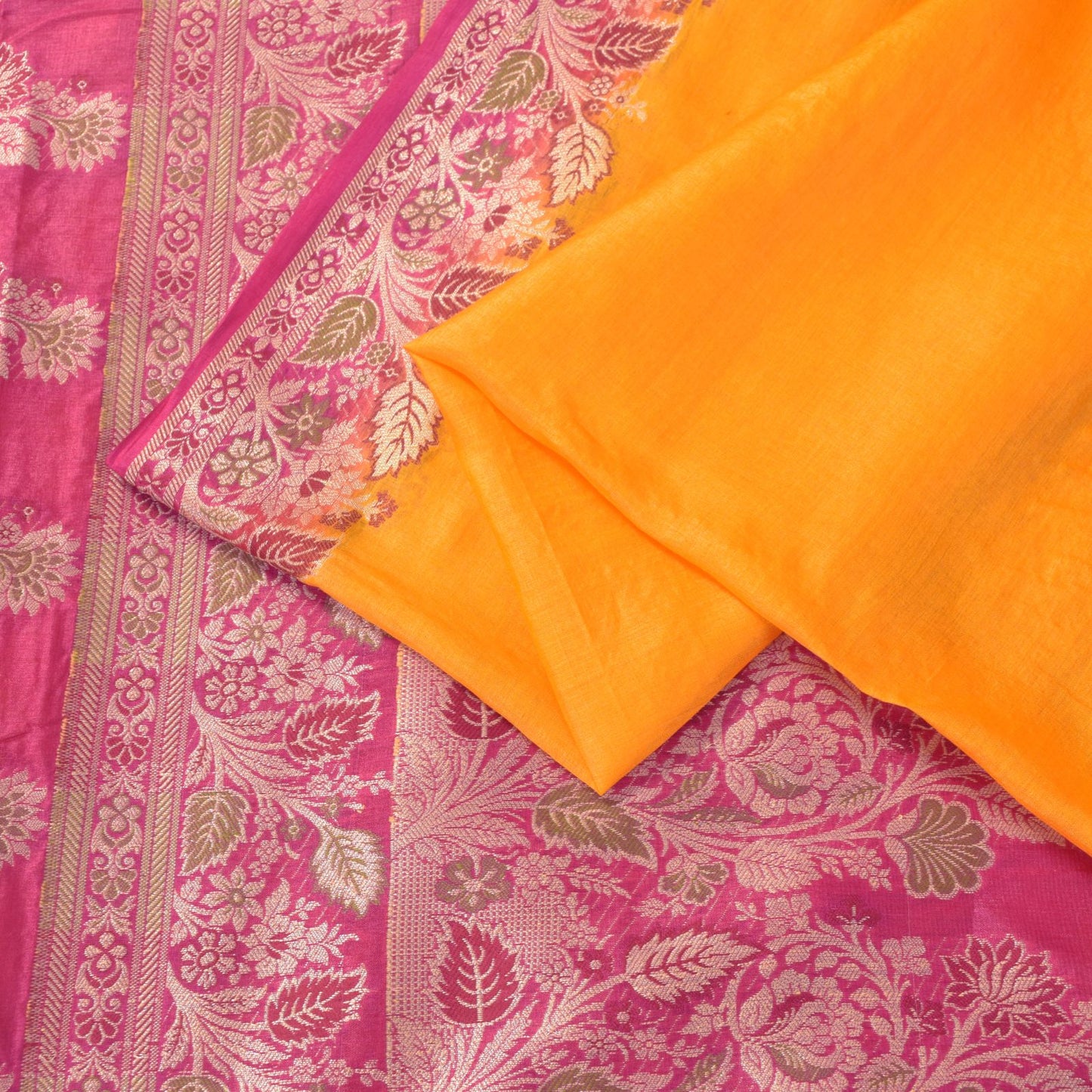 Sanskriti Vintage Soft Yellow-Pink Pure Silk Saree Brocade Woven Sari 5.5 Craft