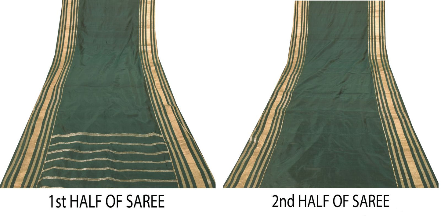 Sanskriti Vintage Green Soft Pure Silk Saree Brocade Zari Hand Woven Sari 5+YD