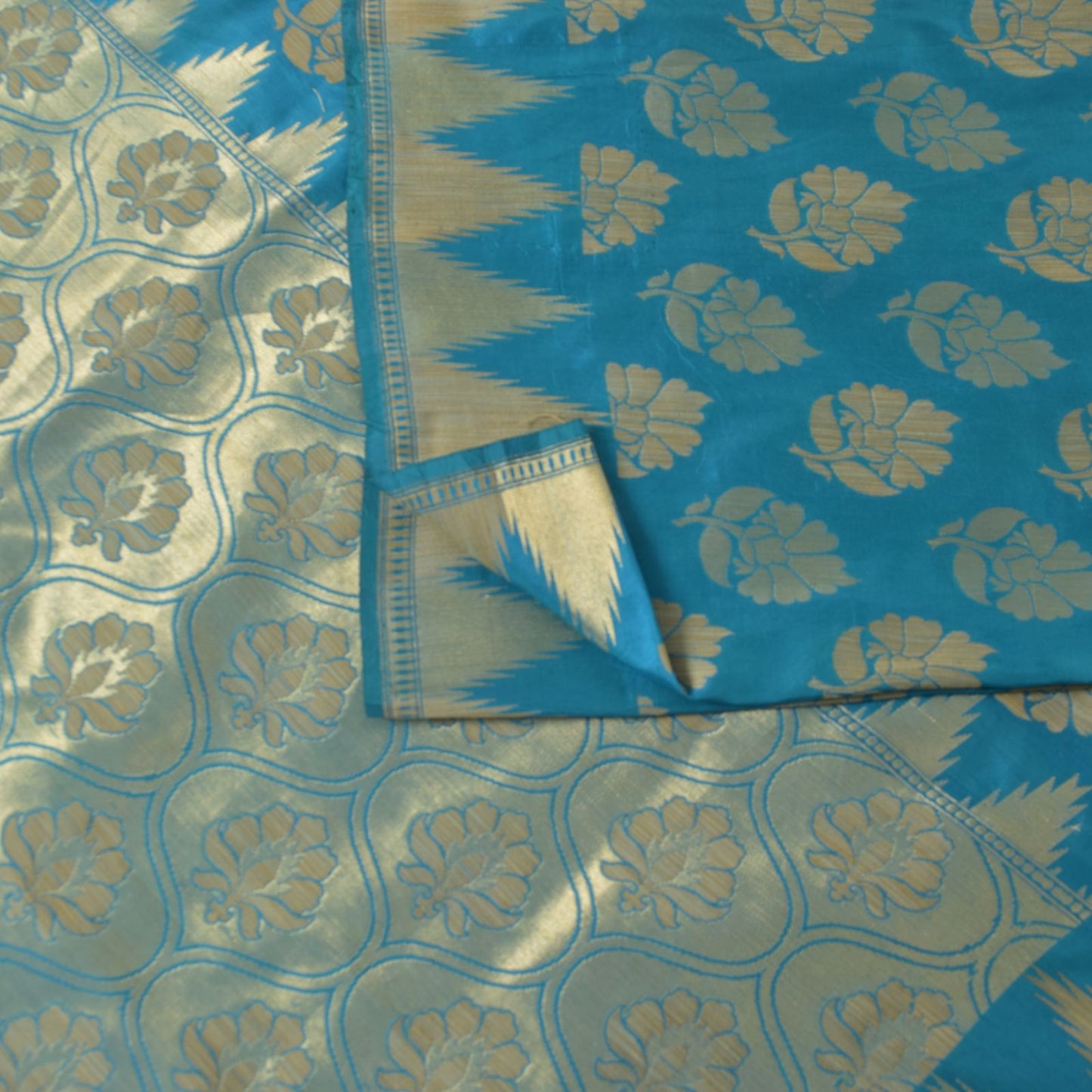 Sanskriti Vintage Blue Pure Silk Saree Floral Brocade Woven Sari 6.5+yd Craft