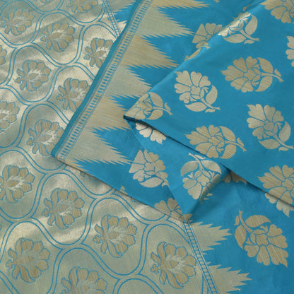 Sanskriti Vintage Blue Pure Silk Saree Floral Brocade Woven Sari 6.5+yd Craft