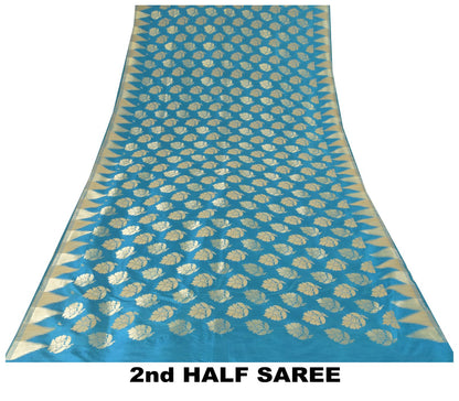 Sanskriti Vintage Blue Pure Silk Saree Floral Brocade Woven Sari 6.5+yd Craft