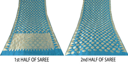Sanskriti Vintage Blue Pure Silk Saree Floral Brocade Woven Sari 6.5+yd Craft