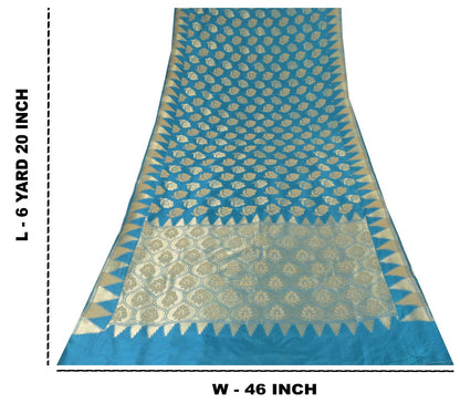 Sanskriti Vintage Blue Pure Silk Saree Floral Brocade Woven Sari 6.5+yd Craft