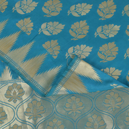 Sanskriti Vintage Blue Pure Silk Saree Floral Brocade Woven Sari 6.5+yd Craft