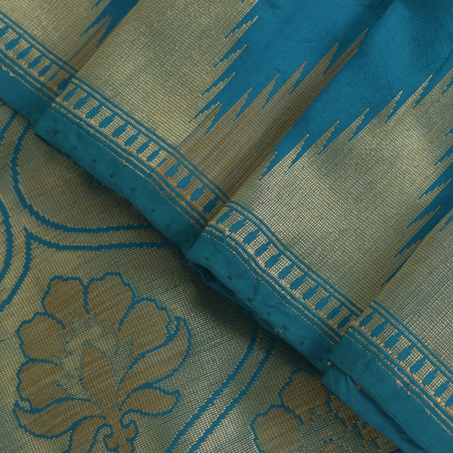 Sanskriti Vintage Blue Pure Silk Saree Floral Brocade Woven Sari 6.5+yd Craft