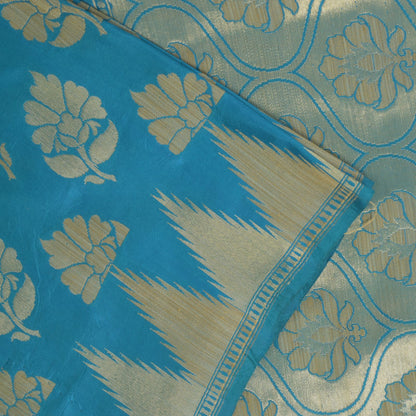 Sanskriti Vintage Blue Pure Silk Saree Floral Brocade Woven Sari 6.5+yd Craft