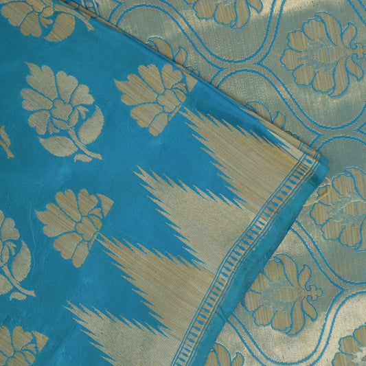 Sanskriti Vintage Blue Pure Silk Saree Floral Brocade Woven Sari 6.5+yd Craft