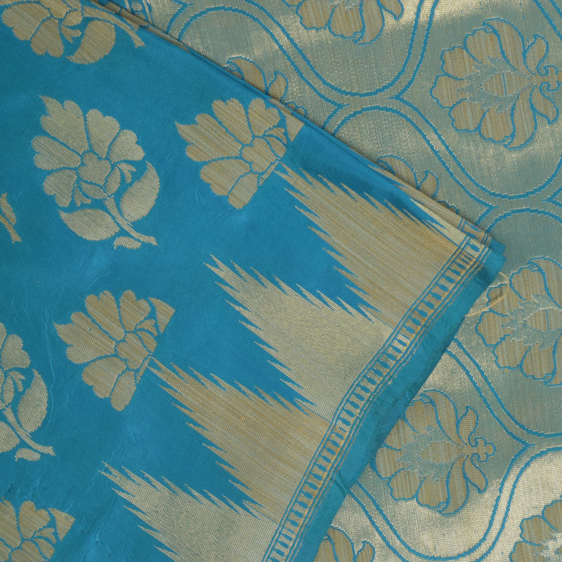 Sanskriti Vintage Blue Pure Silk Saree Floral Brocade Woven Sari 6.5+yd Craft