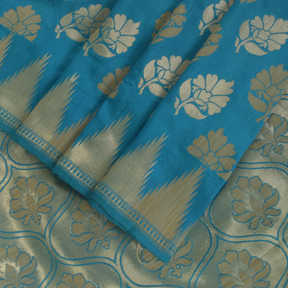 Sanskriti Vintage Blue Pure Silk Saree Floral Brocade Woven Sari 6.5+yd Craft