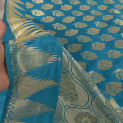 Sanskriti Vintage Blue Pure Silk Saree Floral Brocade Woven Sari 6.5+yd Craft