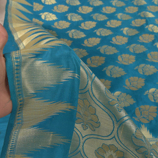 Sanskriti Vintage Blue Pure Silk Saree Floral Brocade Woven Sari 6.5+yd Craft