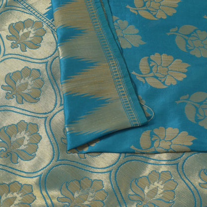 Sanskriti Vintage Blue Pure Silk Saree Floral Brocade Woven Sari 6.5+yd Craft