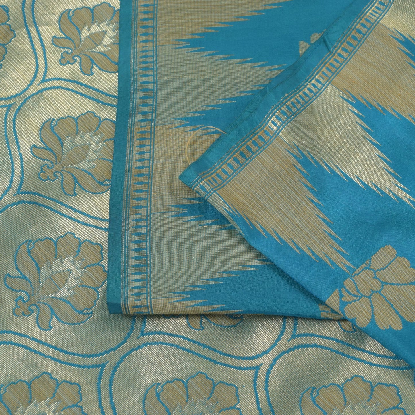 Sanskriti Vintage Blue Pure Silk Saree Floral Brocade Woven Sari 6.5+yd Craft