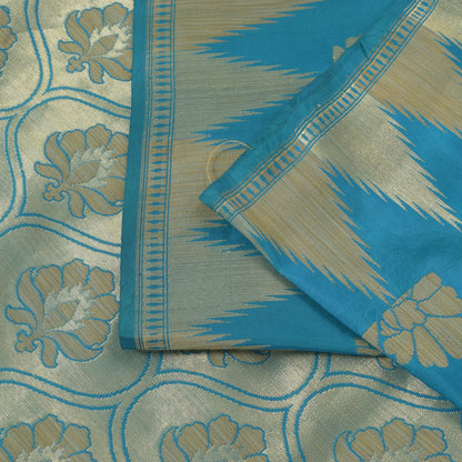 Sanskriti Vintage Blue Pure Silk Saree Floral Brocade Woven Sari 6.5+yd Craft