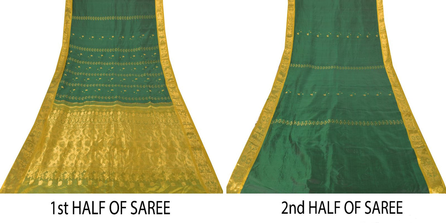 Sanskriti Vintage Soft Green Pure Katan Silk Saree Hand Woven Banarasi Sari 5.5Y