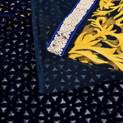 Sanskriti Vintage Soft Blue Net Velvet Saree Cut Work & Embroidered LaceSari 6.5