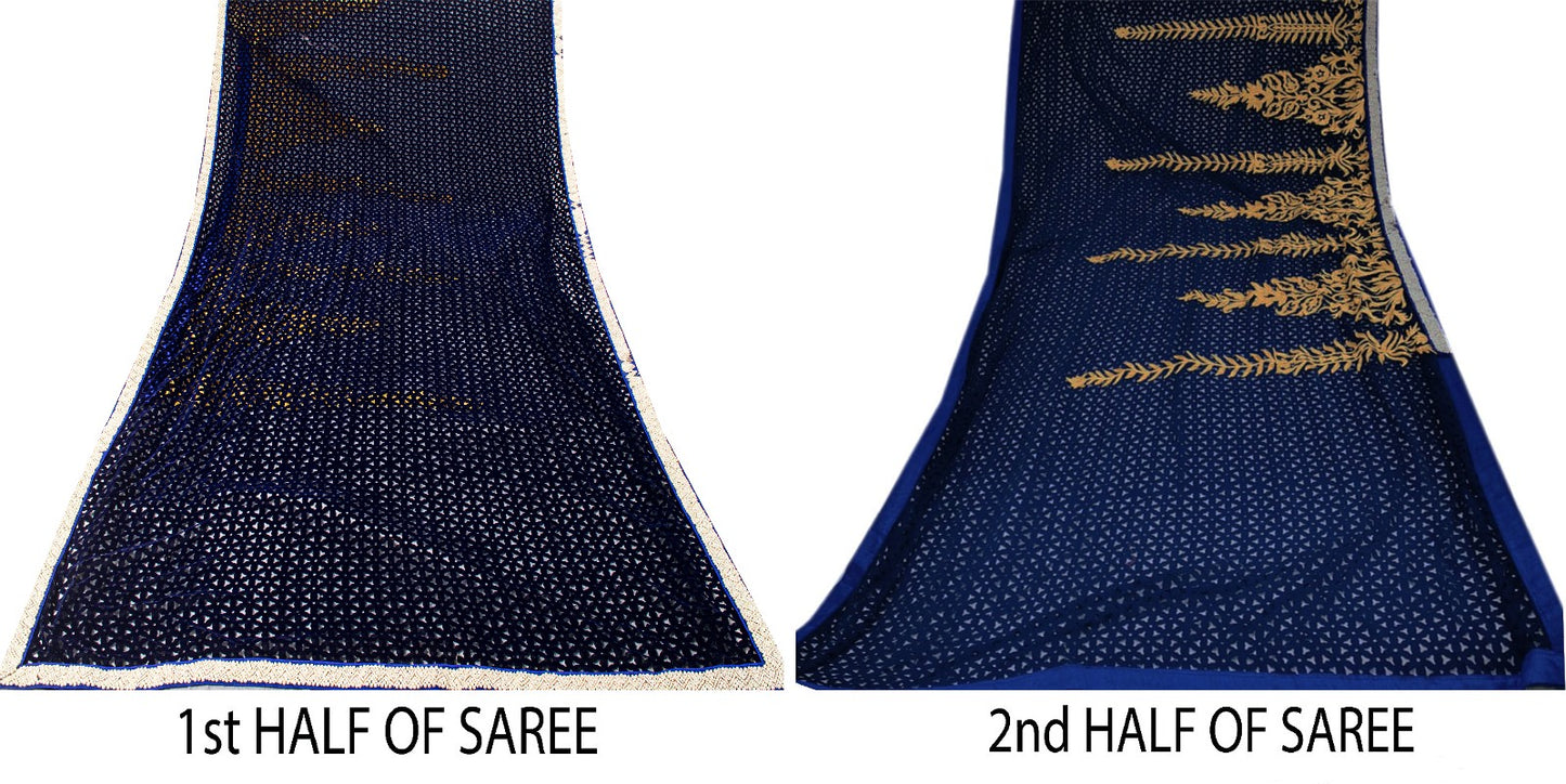 Sanskriti Vintage Soft Blue Net Velvet Saree Cut Work & Embroidered LaceSari 6.5