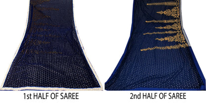 Sanskriti Vintage Soft Blue Net Velvet Saree Cut Work & Embroidered LaceSari 6.5